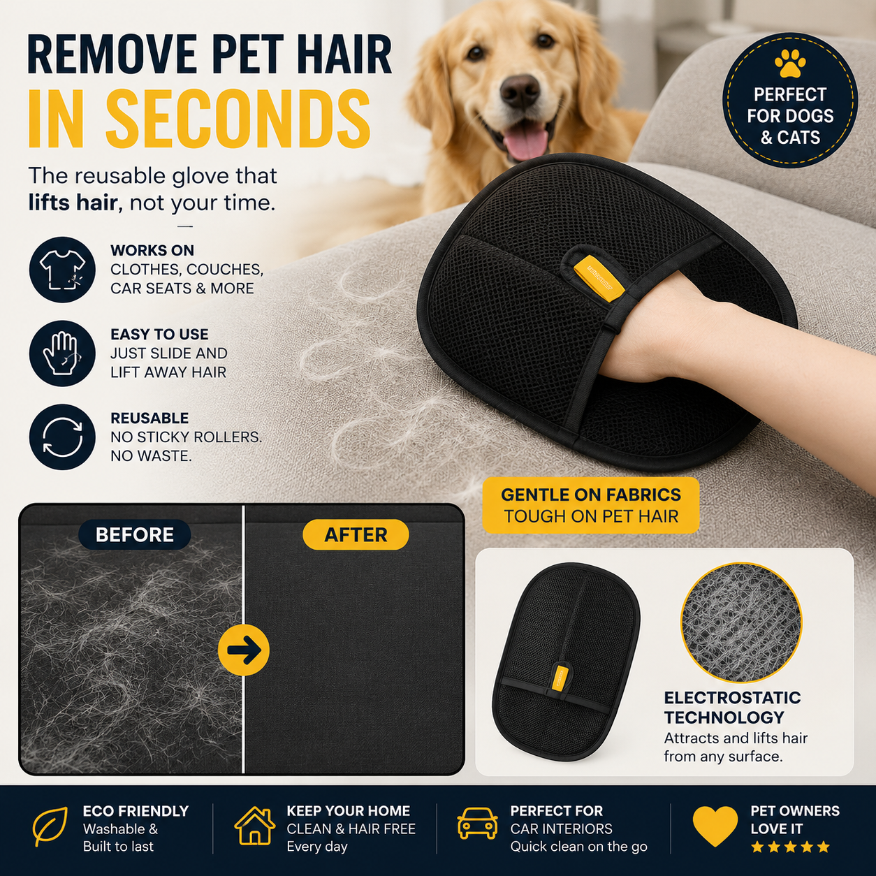 Pet Hair Remover Glove for Sofas, Clothes & Car Seats